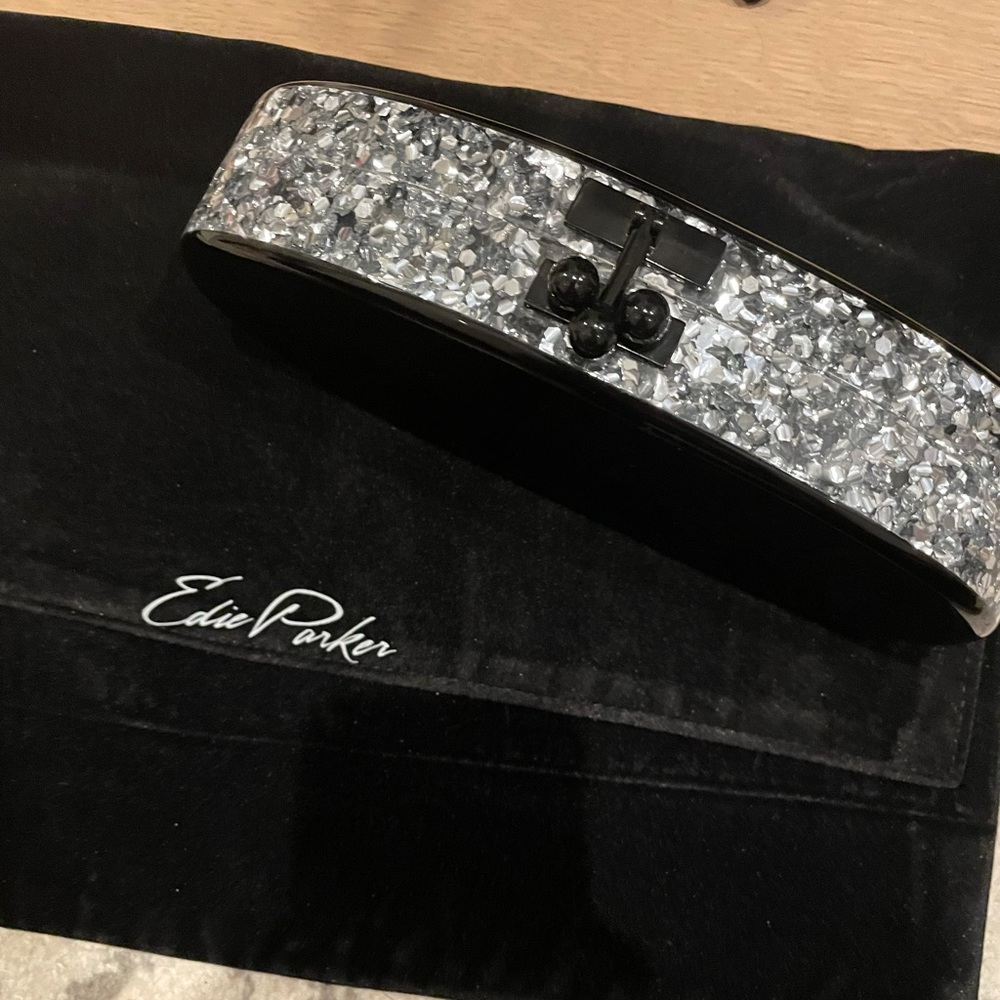 Edie Parker Jean Oval Black/Silver Confetti Clutch